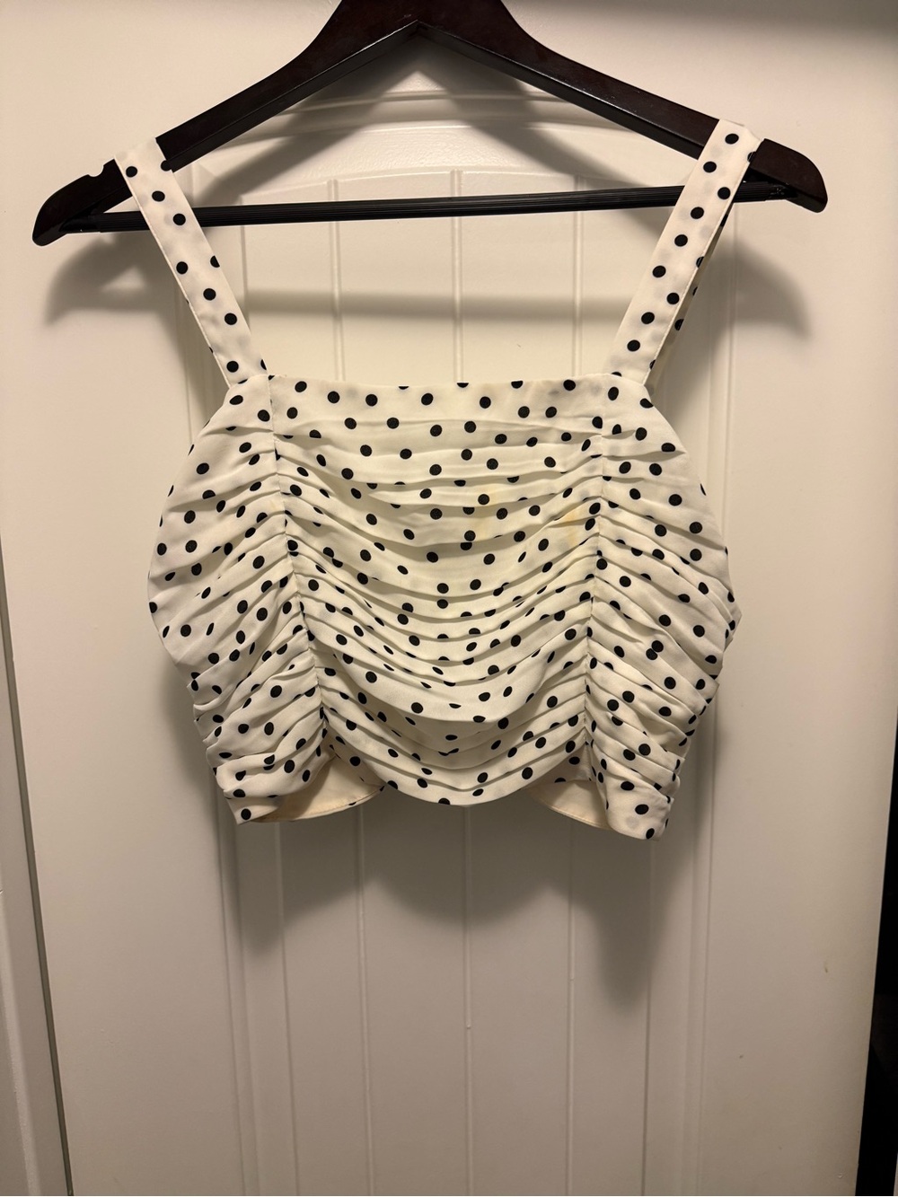 Express White and Black Polka Dot Ruched Crop Camisole